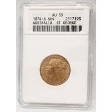 AUSTRALIA 1874 . ONE 1 SOVEREIGN . SYNDEY . GOLD . SLABBED